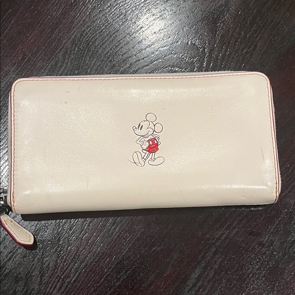 Coach Cream Mickey Zip Wallet with Red Accent